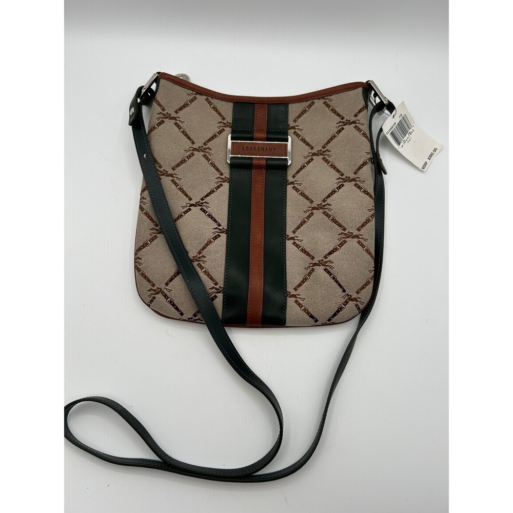 Longchamp LM Jacquard Crossbody‎ Bag NWT Beige Brown Monogram Leather Trim